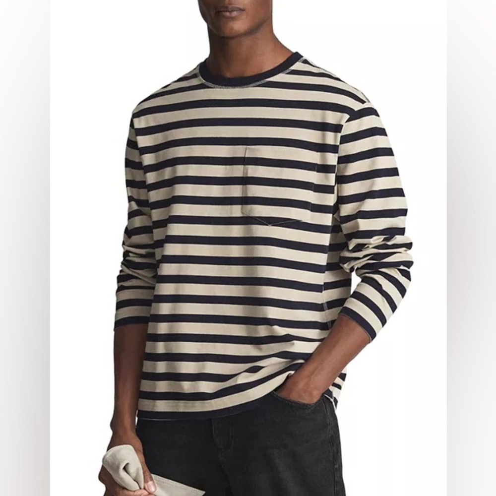 REISS Perry long sleeve block stripe crew long sleeve black tan size M